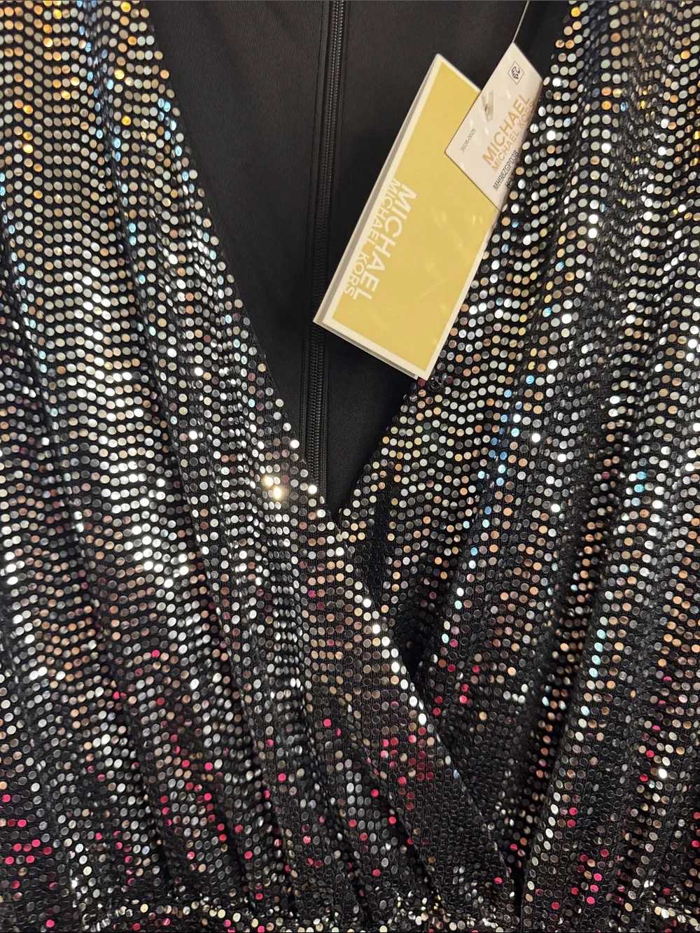 Michael Kors Black Sequin Wrap Dress W/ Belt, Zip-back, open. Size M, New W/ Tag